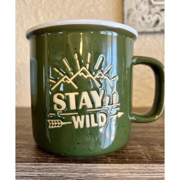 Stay Wild Retro Ceramic Coffee Mug Cup Camping Outdoors RV Trees Mtns 4 x 4" - Picture 3 of 5